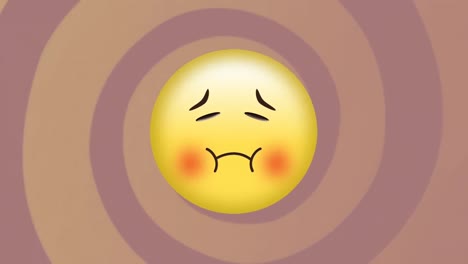 Digital-animation-of-sick-face-emoji-against-spinning-spirals-on-brown-background