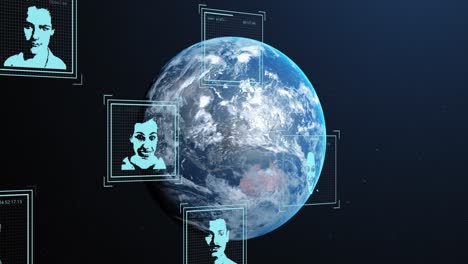 Animation-of-biometric-photos-and-data-processing-over-globe