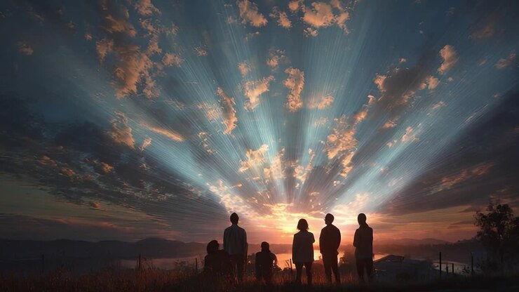 Sunset gathering with silhouettes against colorful cloud patterns