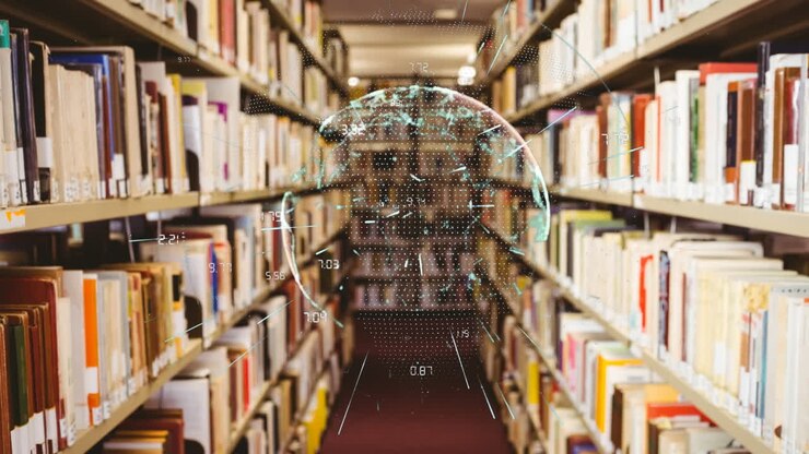 Animation of globe with network of connections over shelves with books in library