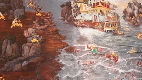 intricate mural depicting mythological scenes and landscapes