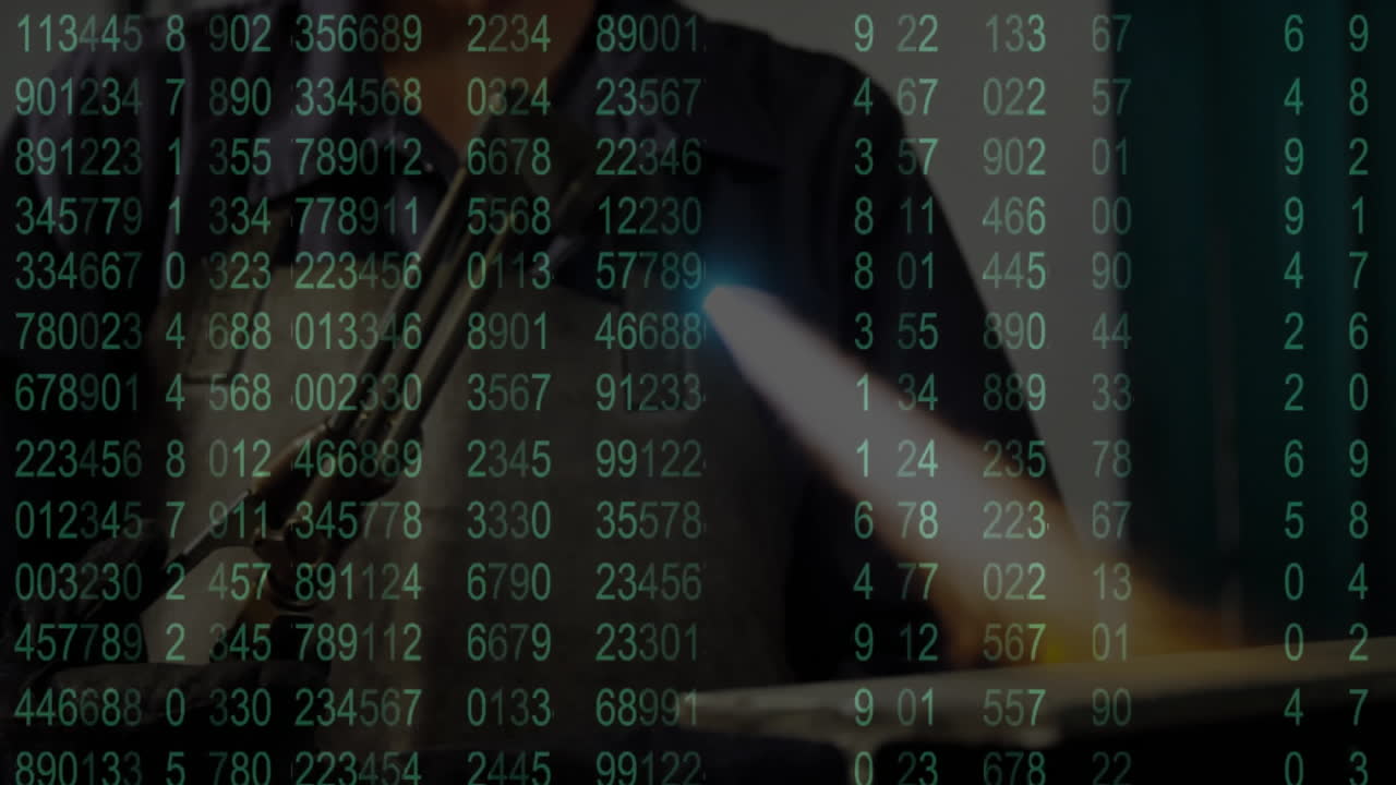 Woman welding metal rod in metalworking workshop, with animated green data columns overlaying scene