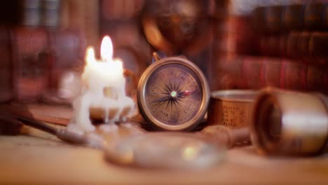 Vintage-style-travel-and-adventure.-Vintage-old-compass-and-other-vintage-items-on-the-table.-Shooting-at-very-low-depth-of-field.
