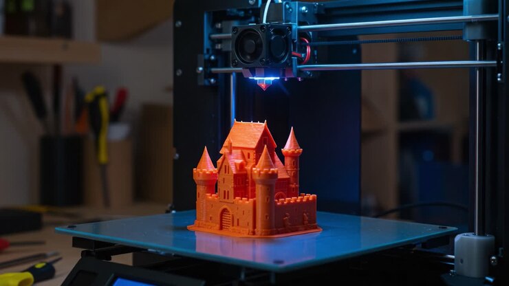 3D Printing Process Showcasing the Creation of an Intricate Orange Castle Model with High Detail and Precision in a Workshop Environment