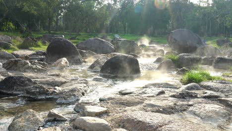 4k static shot of natural hot springs flow along the rocks under sunlight reflection with sun flares and bokeh, the steam floating up with tree and grass background. lampang, thailand.