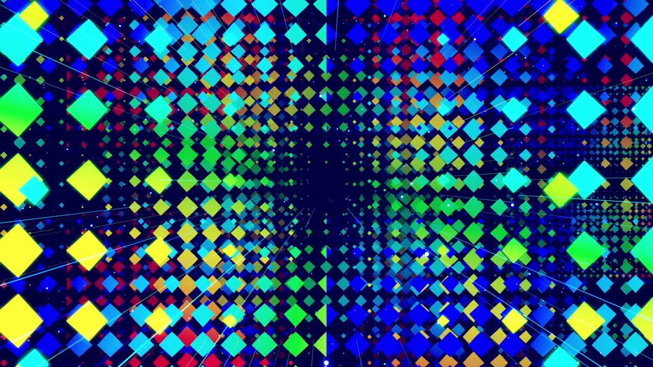 モーショングラフィック - アートスペースでカメラを飛ばす - パターン,光粒子,線を持つ多層構造 - 装飾的なテクスチャー - 虹のグラデーションカラー - モーションデザイン - vjループ - 抽象的なカラフル - モダンアート