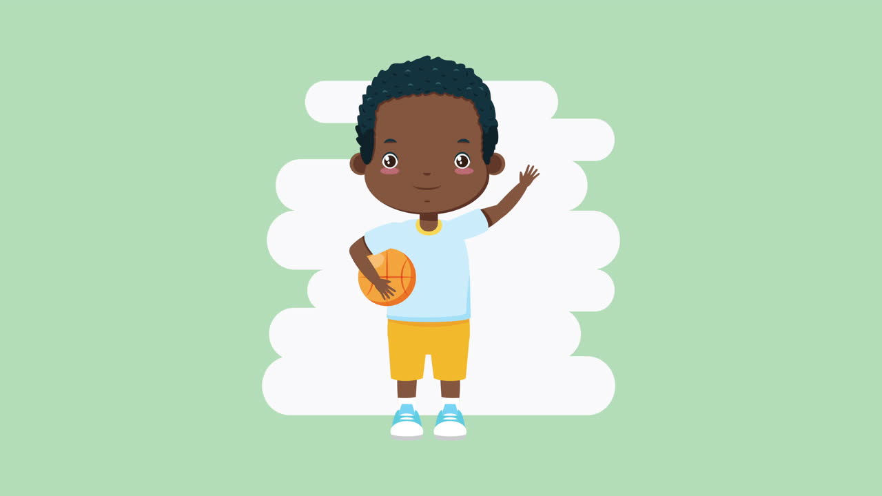 afro niño pequeño con carácter de balón de baloncesto