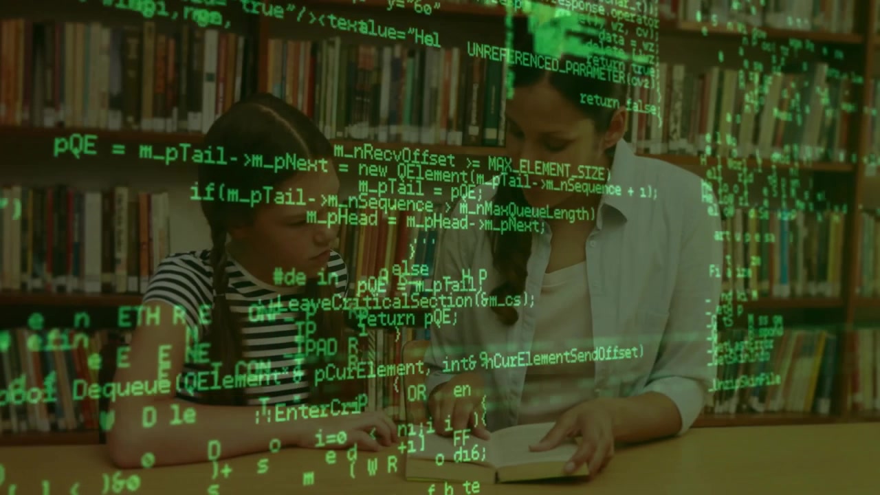 Green code overlay appearing as tutor guiding student reading at library desk for education fading