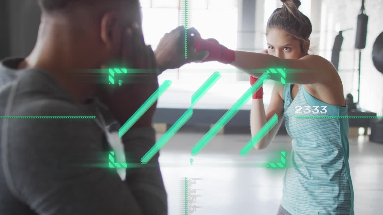 Female boxer executing repeated jabs toward coach holding pad, HUD tracking for boxing training