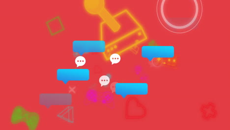 chat bubbles and social media icons animation over red background