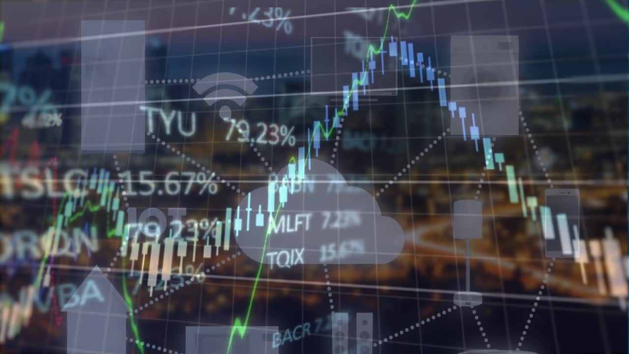 animación del procesamiento de datos financieros sobre un fondo oscuro