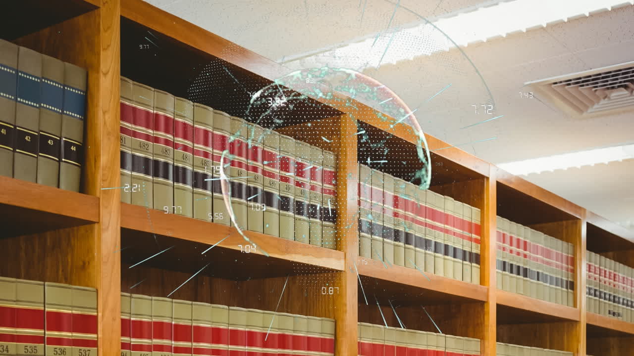 animación del globo con una red de conexiones sobre estantes con libros en la biblioteca