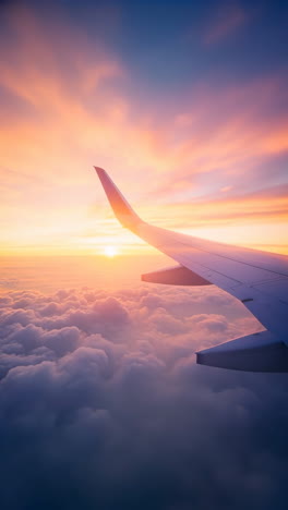 airplane wing in sunset sky above clouds