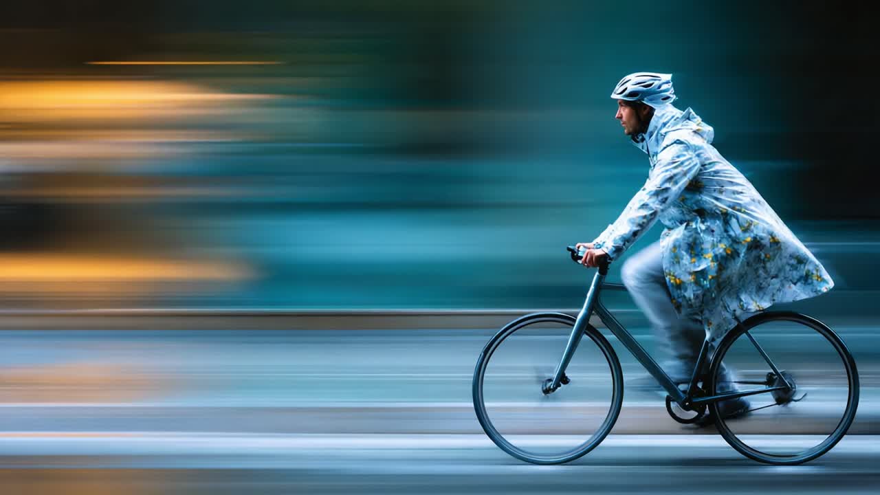 A cyclist in a raincoat rides swiftly through a blurred urban landscape, showcasing the blend of motion and the essence of freedom and resilience in adverse weather conditions