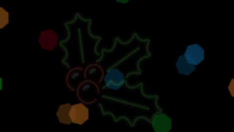 animation of christmas neon holly and fairy lights flickering over black background