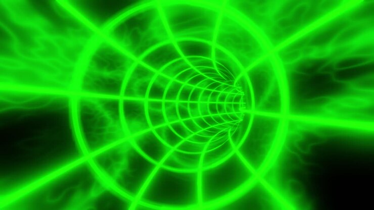 Green color animation loop with glowing lights. Interdimensional tunnel background 3d