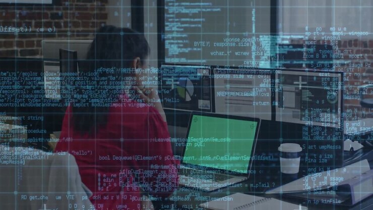 Grid network and data processing against indian woman using laptop at office