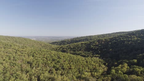 Aerial-clip-of-bright-morning-sun-shining-on-a-lush-forested-valley