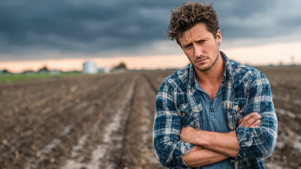 A Pensive Farmer Stands in a Barren Field Under a Gloomy Sky, Reflecting on Challenges and Hopes for a Bountiful Harvest Amidst Uncertain Weather Conditions