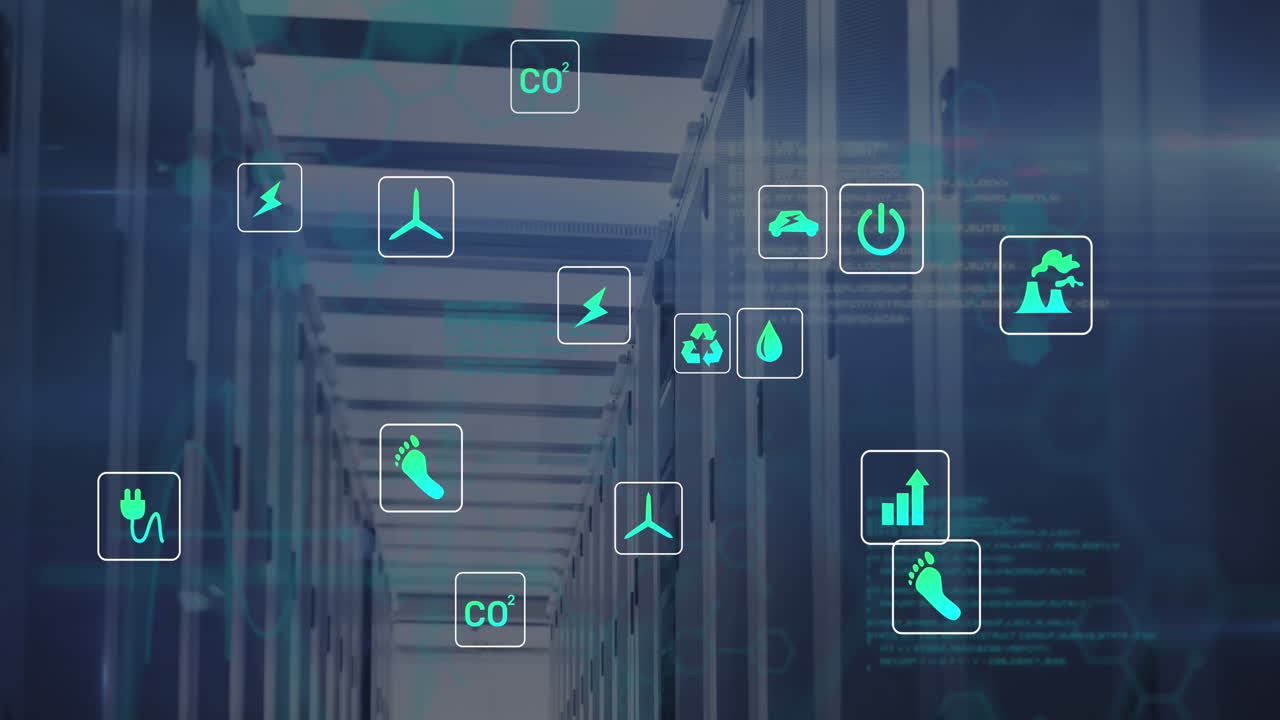 animación de procesamiento de datos y iconos de ecología sobre la sala del servidor