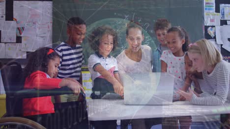 animation of data processing over globe against biracial female teacher teaching students at school