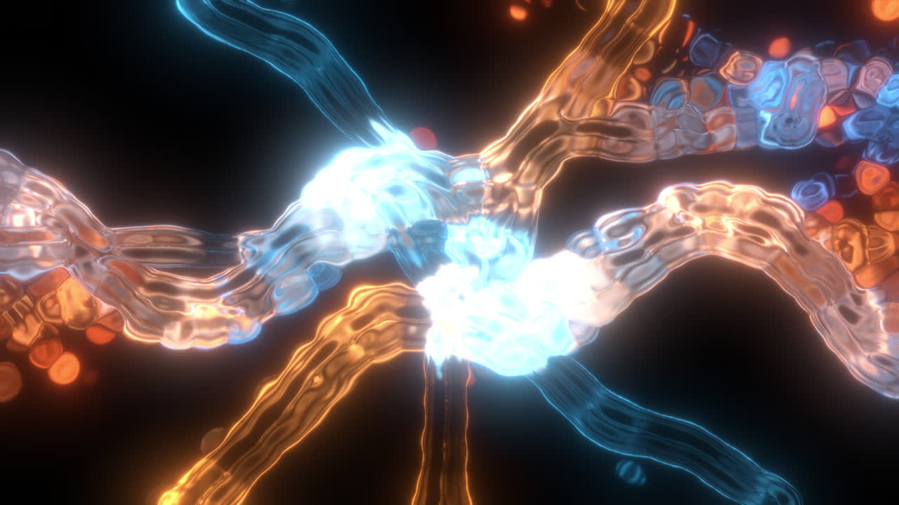 Abstract Streams of Electric Fluid Colliding in Middle of Black Background with Colorful Deep Glow with Bokeh Circle Particles Released by Energy of Collision. Animation Graphic