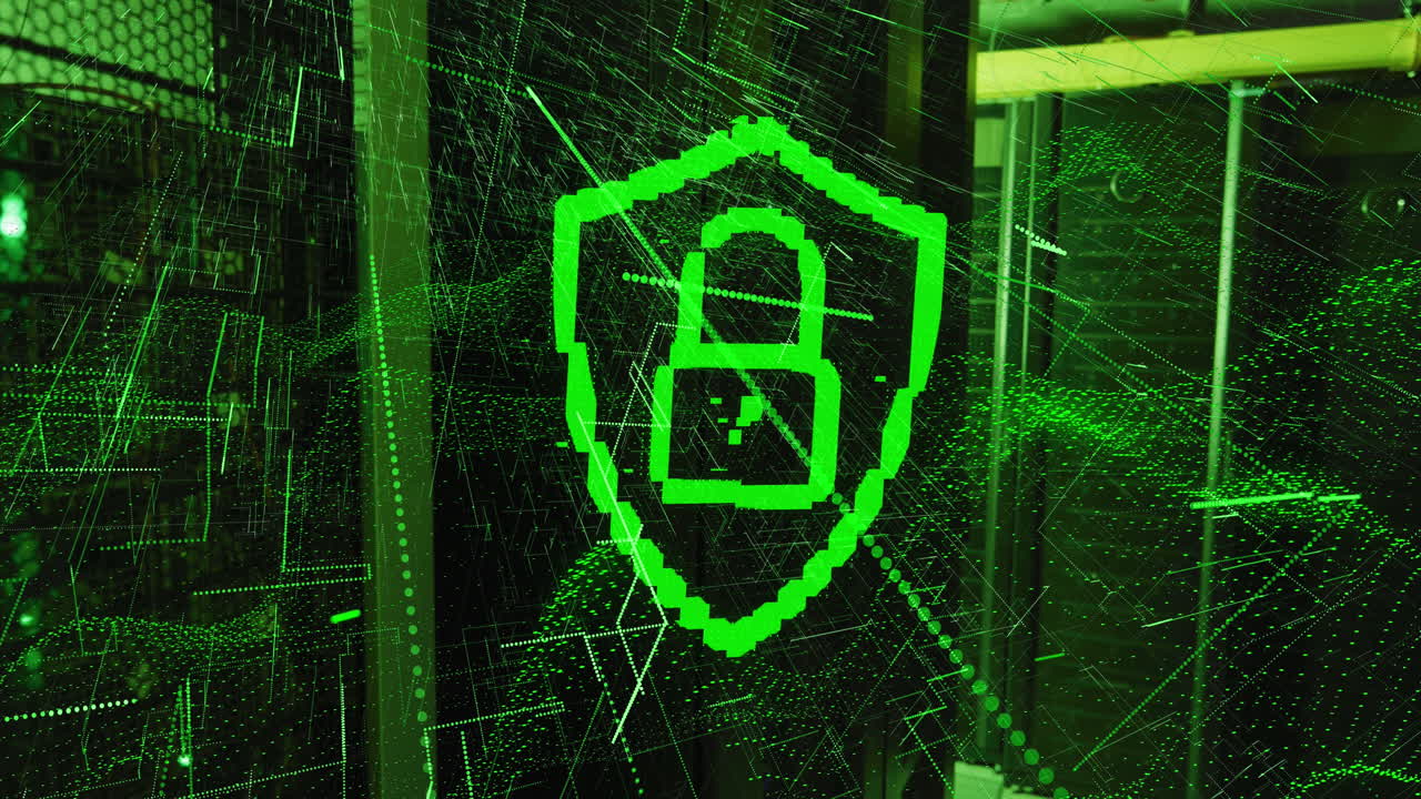 animación del candado en el escudo sobre el patrón de onda dinámica y las líneas contra la sala del servidor