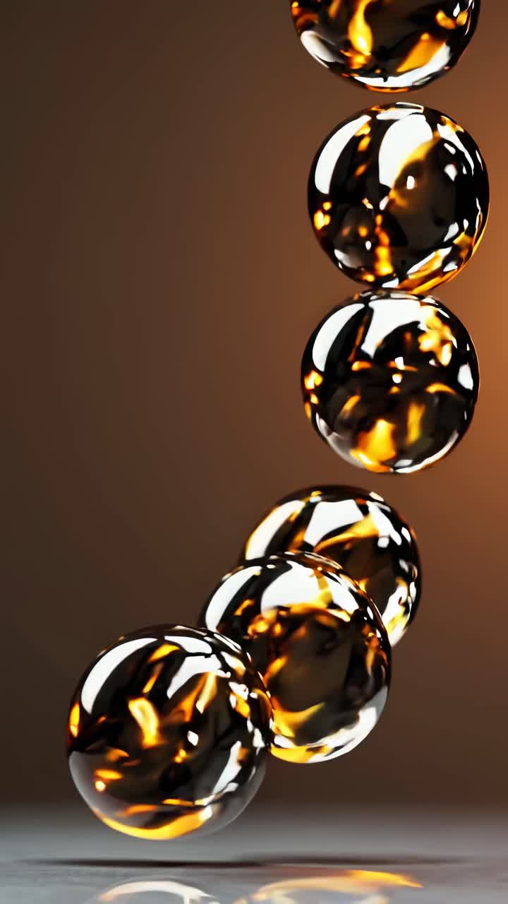 Close-up video of reflective spheres cascading vertically, capturing dynamic motion and light play