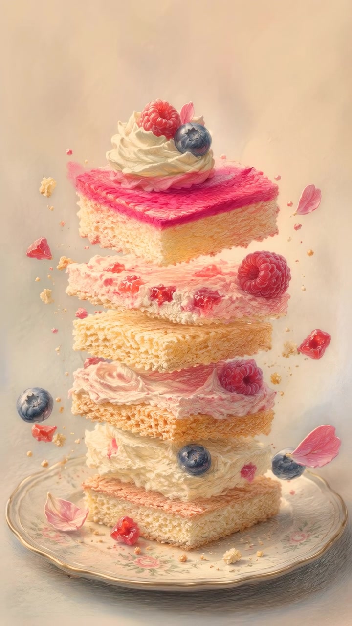 Un primo piano verticale mostra fette di torta wafer impilate e stratificate con glassa rosa e panna montata, sormontate da una rosetta di crema, lampone e mirtillo, mentre la punta di una matita aggiunge una decorazione fine tra elementi galleggianti.