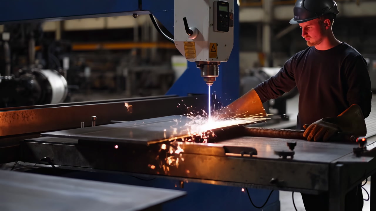 Worker Operating Plasma Cutter On Steel Table, Sparks Flying And Bright Arc Illuminating Dark Industrial