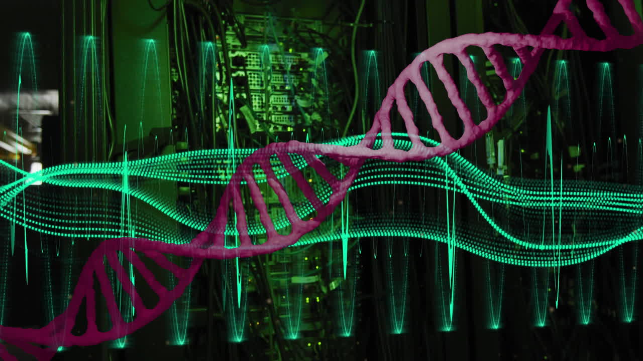 Animation of dna strand, light trails and data processing over dark background