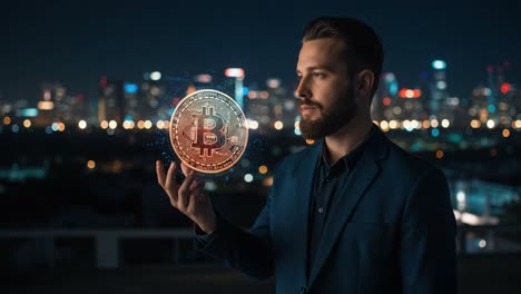 a man holding a holographic bitcoin symbol against a cityscape at night, representing the intersection of cryptocurrency and technology in a modern world