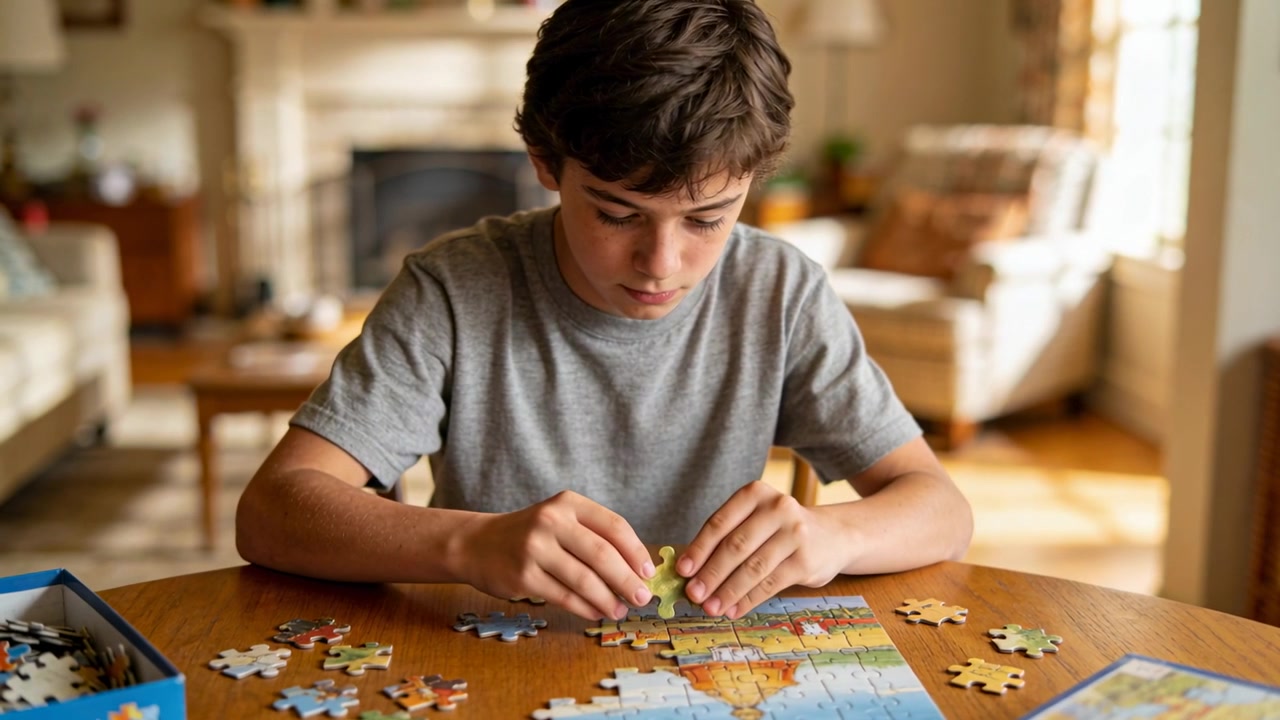 Ragazzo con maglietta grigia che assembla un puzzle di mappa con pezzi sparsi su un tavolo rotondo a casa, completando.