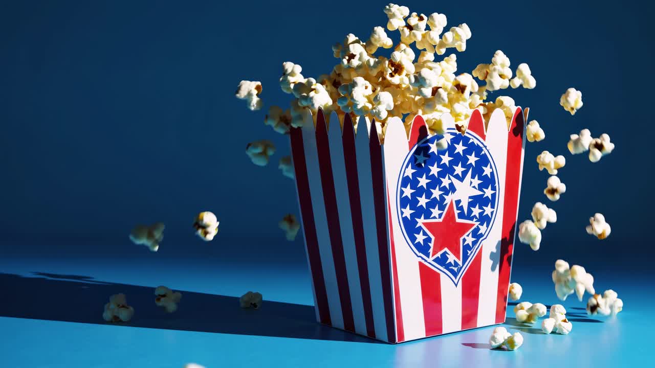 Popcorn overflowing from a container decorated with the United States flag, some popcorn lying on a blue surface, creating a perfect visual for celebrating a national holiday