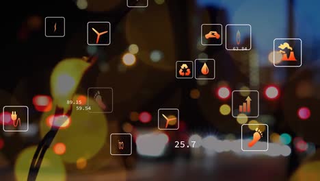animación de múltiples iconos sobre llamaradas de lente borrosa y vehículos que se mueven por la calle en la ciudad