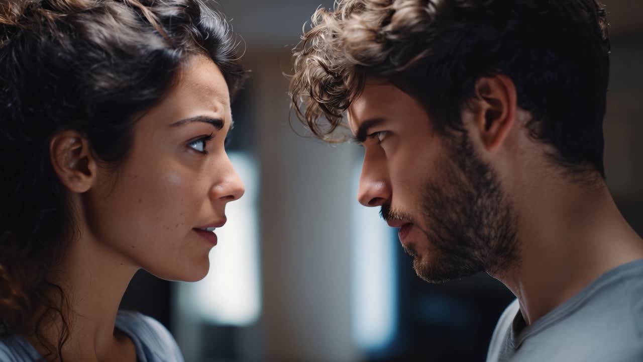 Momento di tensione tra due persone che si affrontano. La donna mostra preoccupazione, l'uomo appare serio o turbato. Le loro espressioni suggeriscono conflitto o una conversazione profonda. Ideale per dramma, romanticismo.