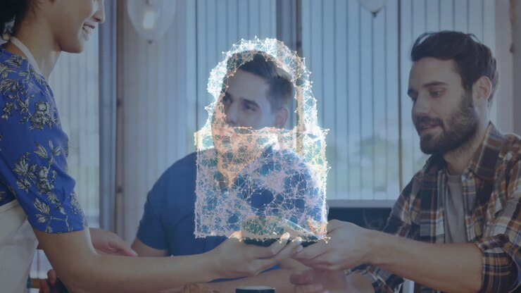 Animation of network security padlock over people using payment terminal