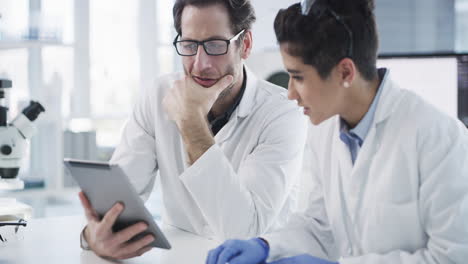 Teamwork,-science-and-doctors-with-tablet