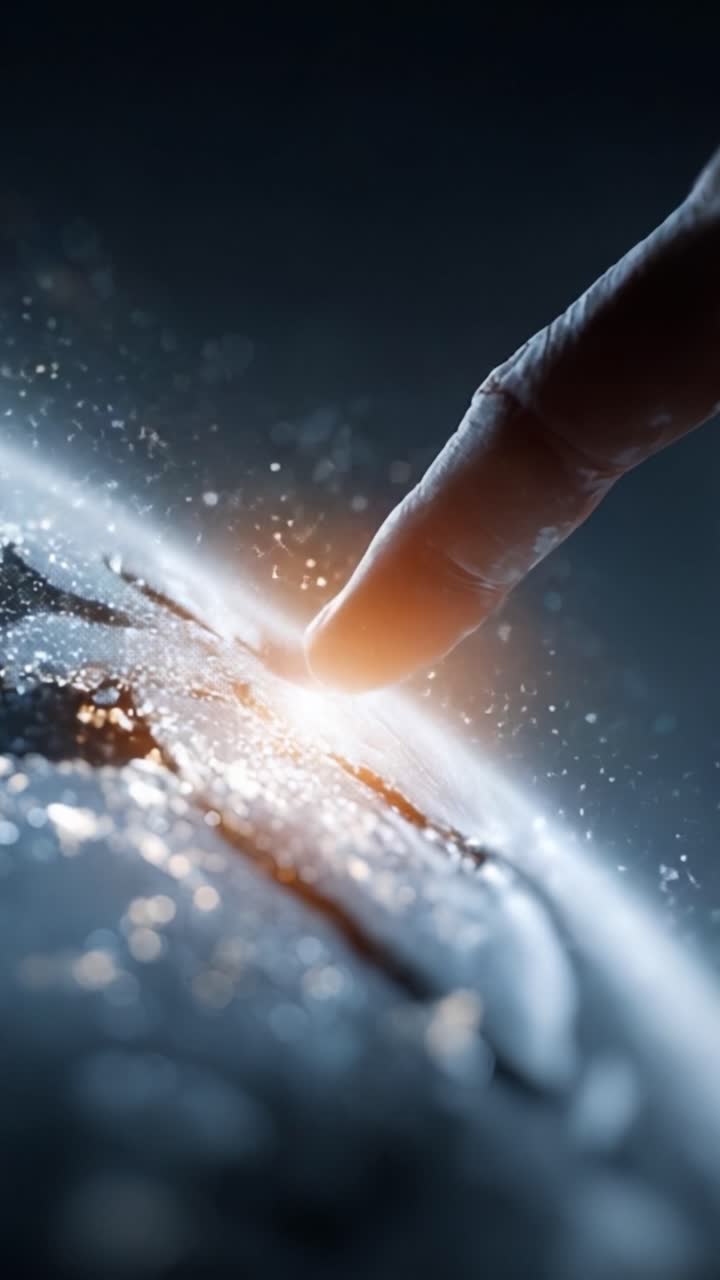 A Captivating Moment of Connection: A Finger Gently Touches a Mystical Surface, Creating a Shimmering Display of Light and Sparkles in an Enigmatic Setting