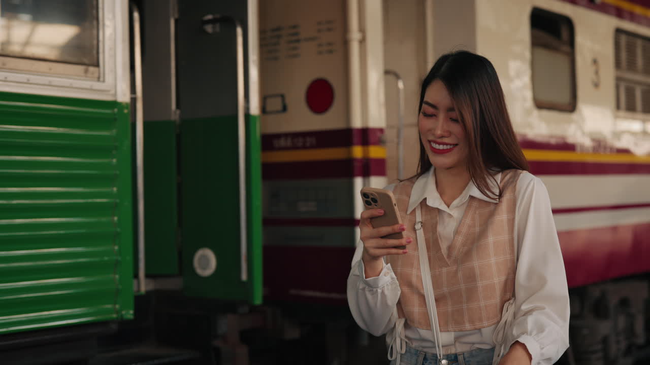 mujer usando el teléfono en la estación de tren