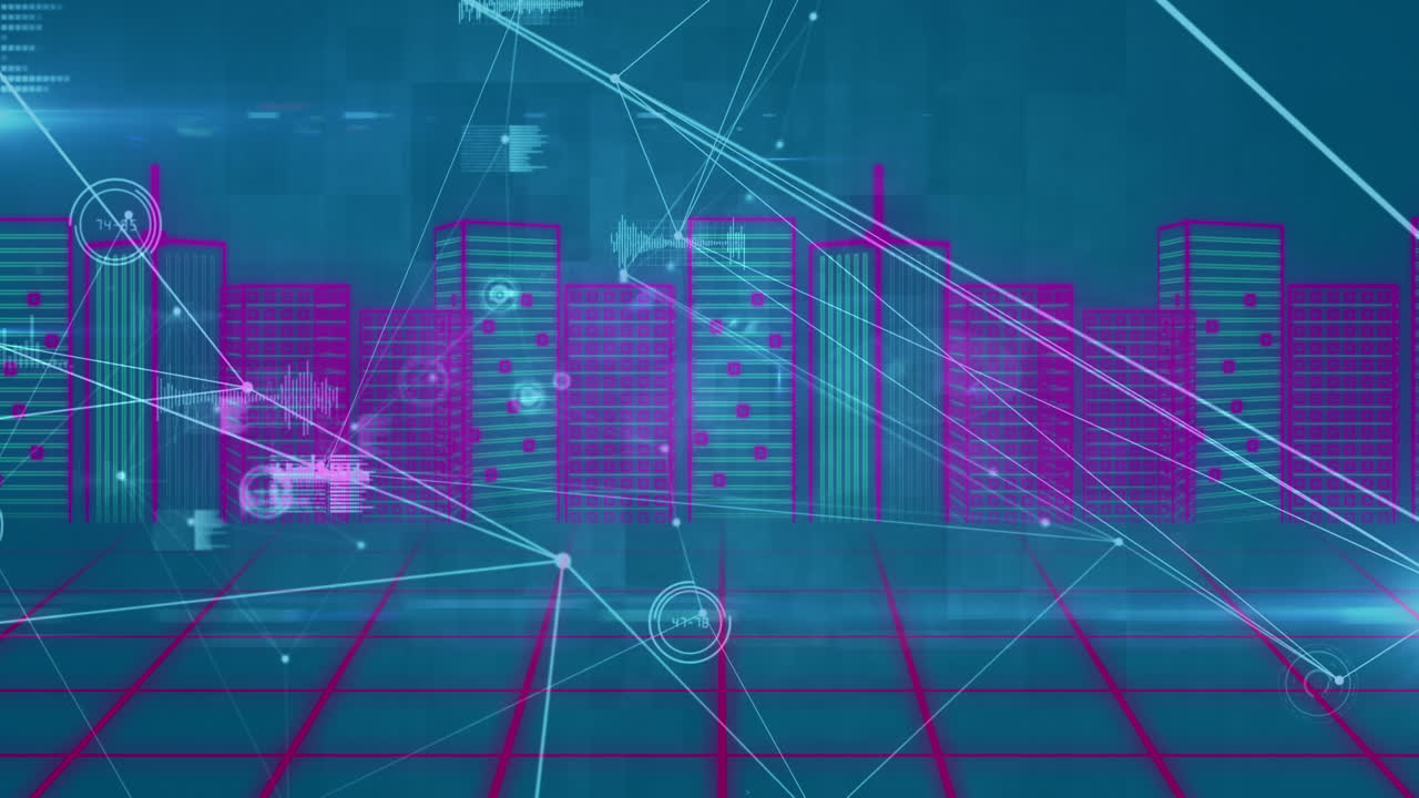 Animation of network of connections over digital city on blue background