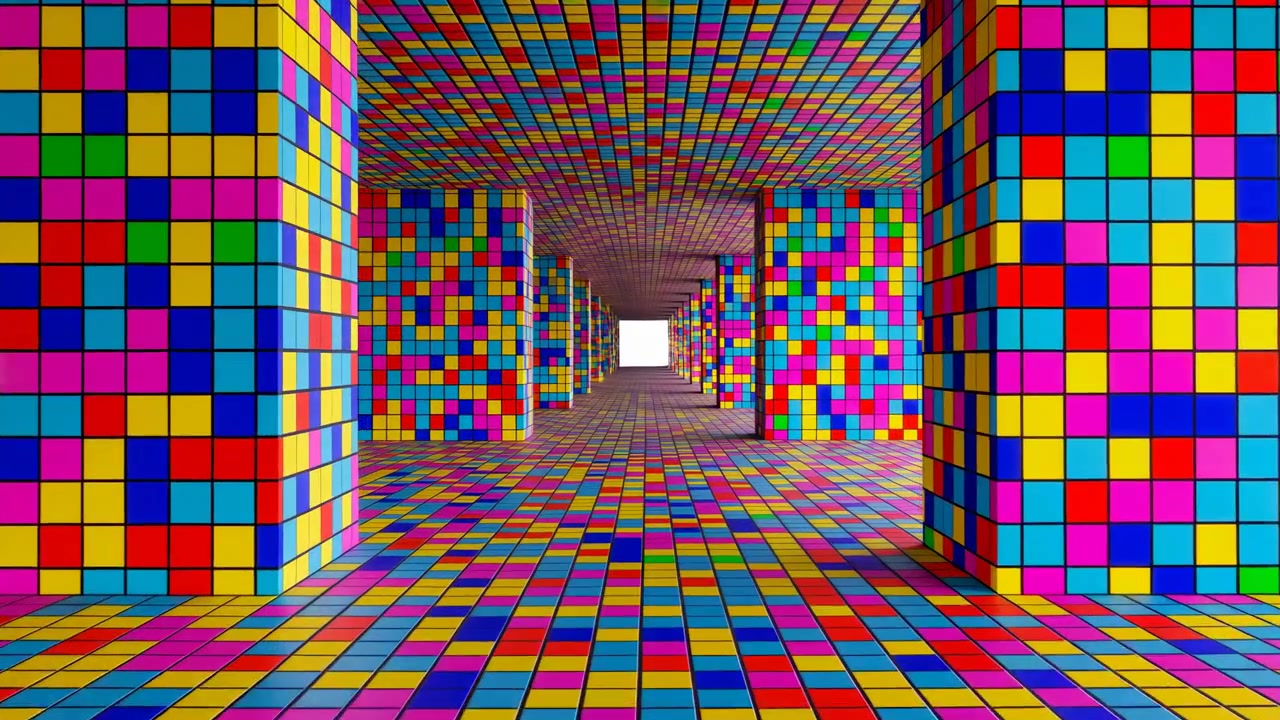 Passagem interior geométrica colorida revestida com azulejos quadrados repetidos em pilares, paredes, chão e teto, criando forte simetria, textura brilhante, perspectiva profunda e energia moderna e lúdica.