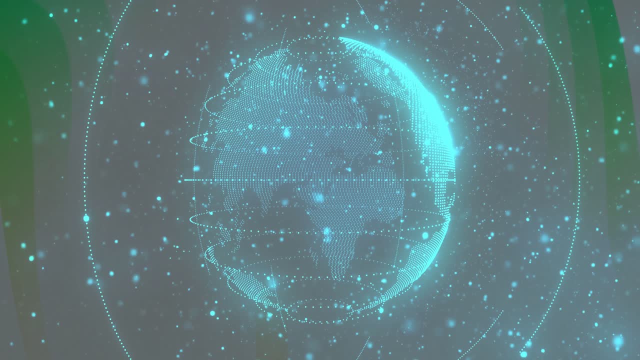 Sequence start pulsing 3D globe rotating shifting green wrapping orbital lines showing data flow