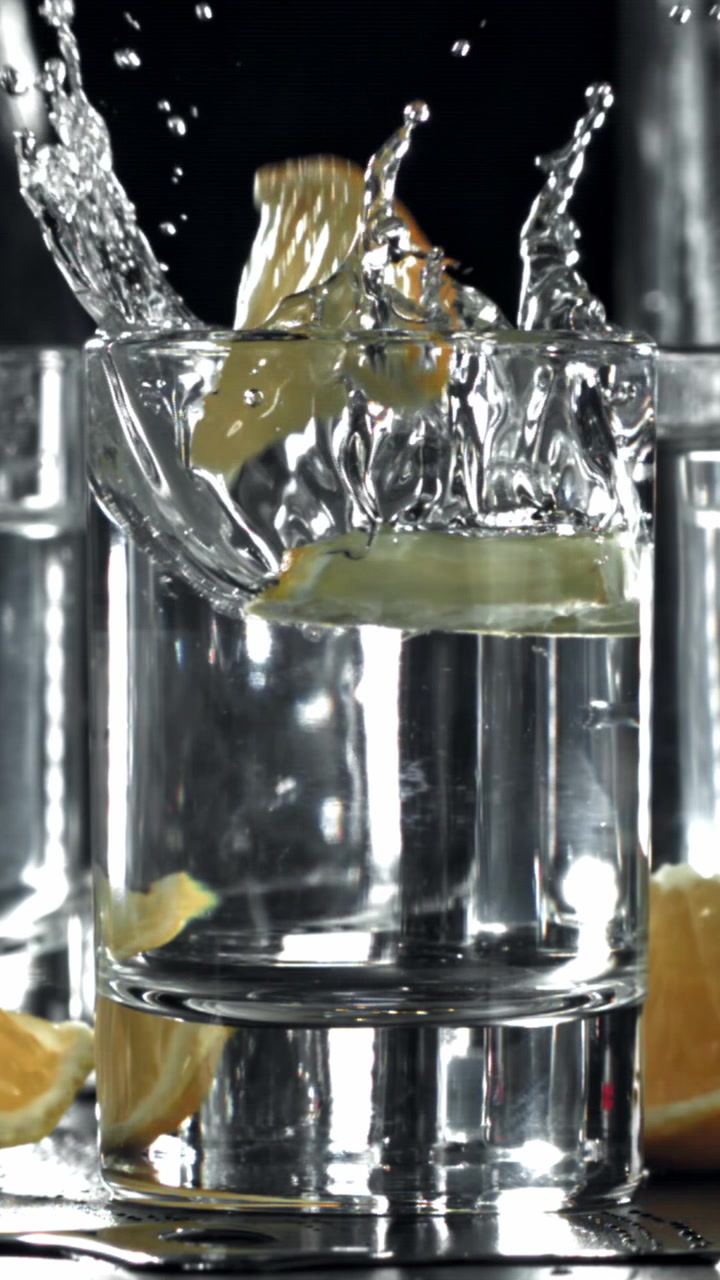 Fetta di limone in slow motion che cade in un bicchiere d'acqua