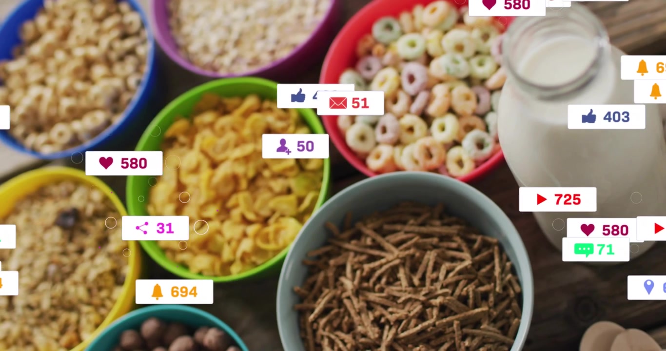 Cena mostrando seis tigelas de cereal com leite, vistas desvanecendo, notificações giratórias representando crescimento.
