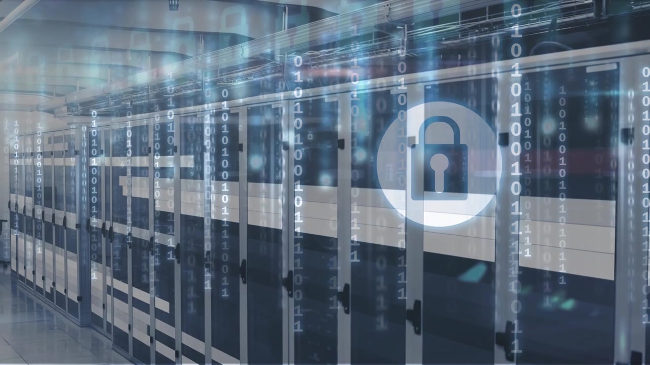 Animation of lights, binary code and padlock over servers