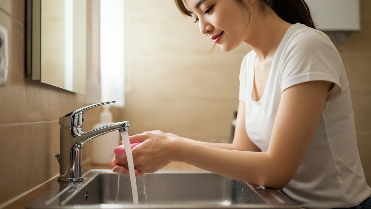 A Young Woman Enjoys a Moment of Self-Care While Washing Her Hands at a Modern Bathroom Sink, Emphasizing Hygiene and Personal Well-Being
