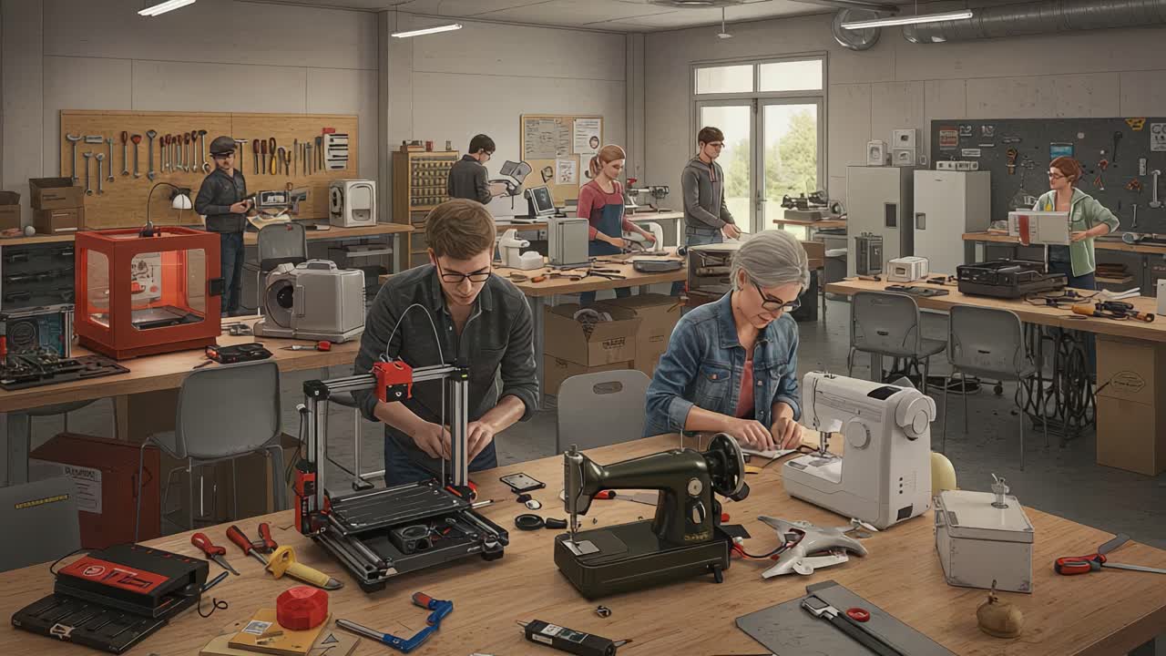 Creative Workshop Scene Featuring Diverse Individuals Engaged in Various Hands-on Projects with 3D Printers, Sewing Machines, and Tools in a Vibrant Learning Environment