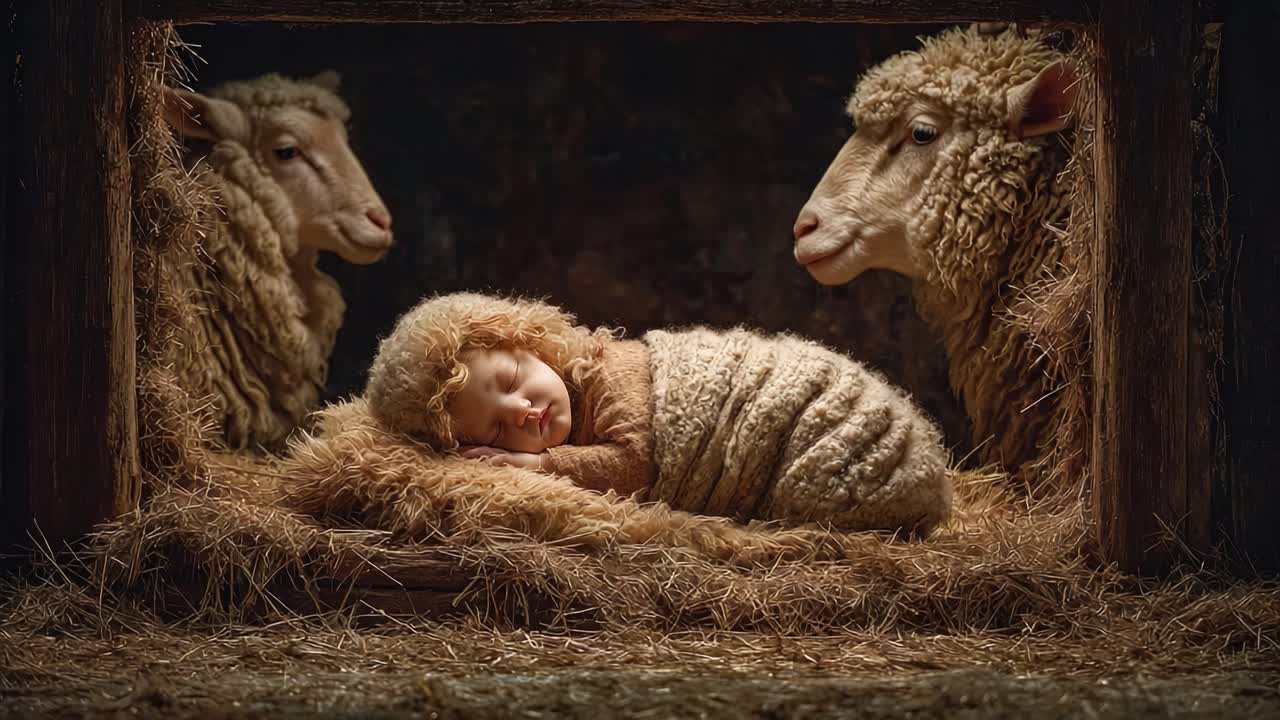 A Peaceful Scene of a Sleeping Baby Wrapped in Wool Amidst Two Watchful Sheep, Creating an Atmosphere of Comfort, Innocence, and Natural Serenity