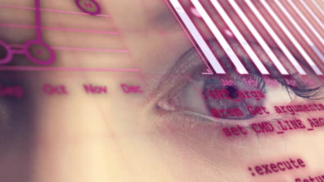 Animation-of-data-processing-over-close-up-of-woman's-eye